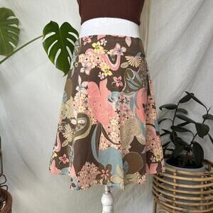 Y2K Brown and Pink Floral Print Midi Skirt – Size M